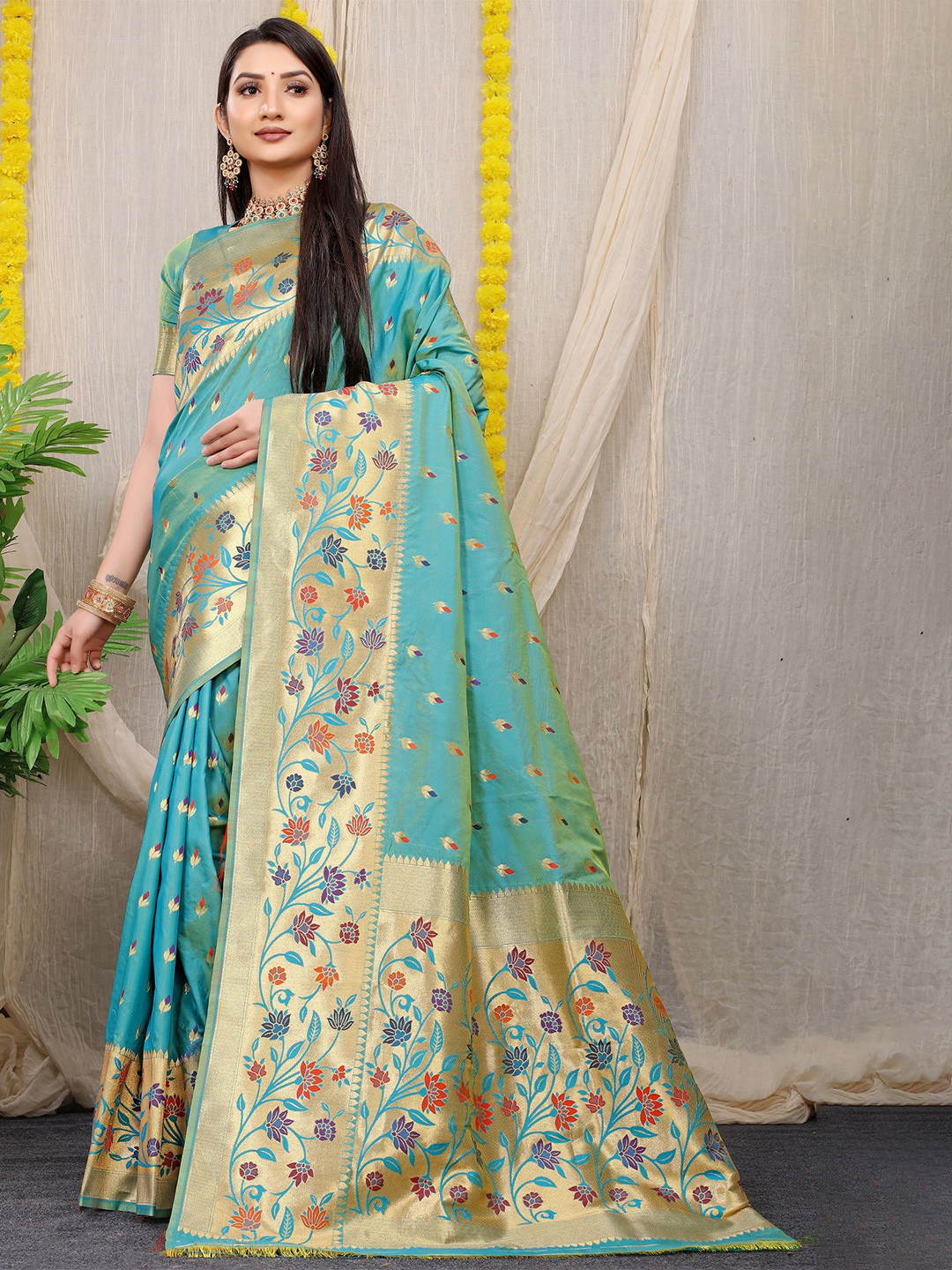 

Royal Rajgharana Saree Woven Design Zari Pure Silk Paithani Sarees, Sea green