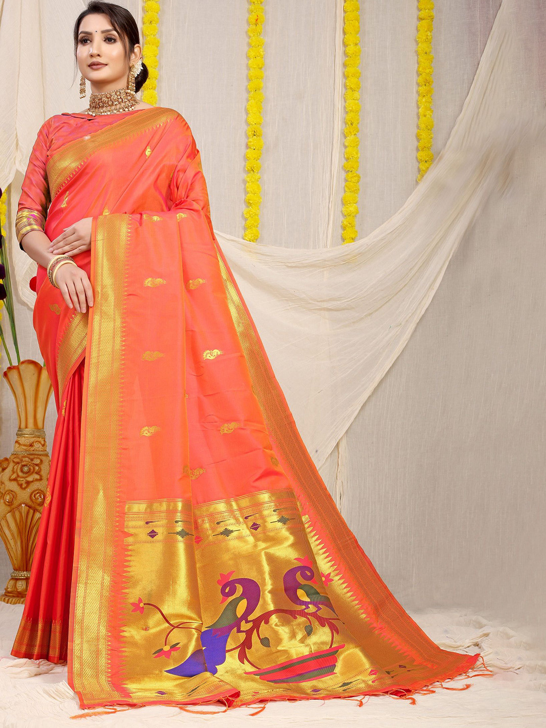 

Royal Rajgharana Saree Woven Design Zari Pure Silk Paithani Sarees, Orange