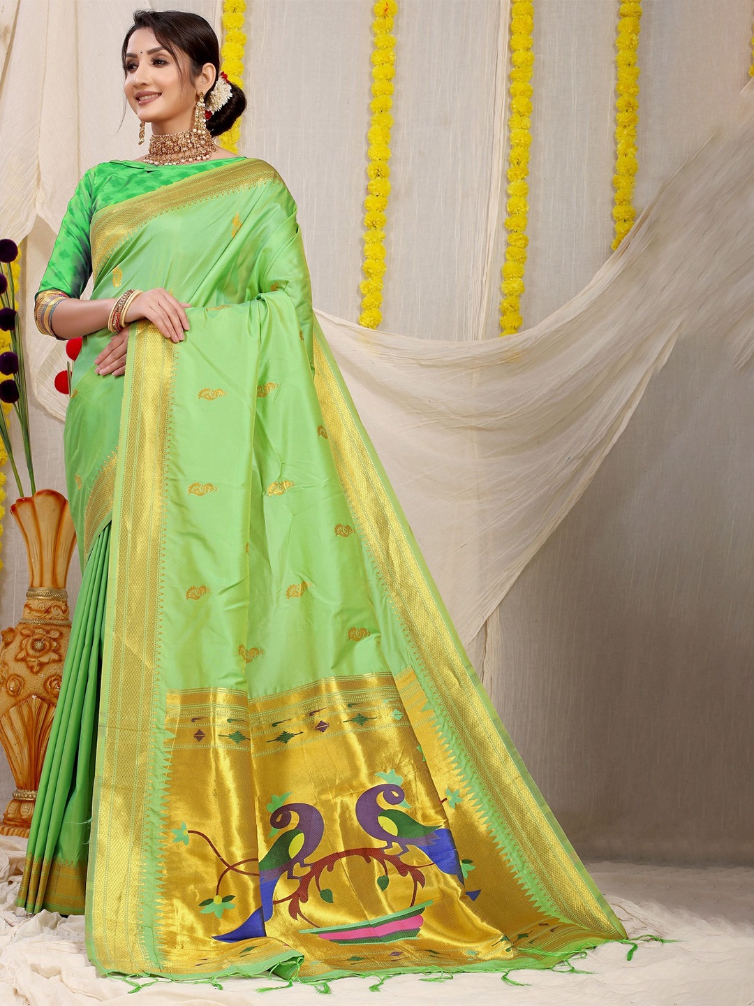 

Royal Rajgharana Saree Woven Design Zari Pure Silk Paithani Sarees, Lime green