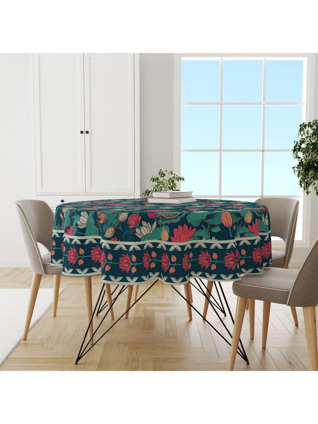 

Astitva Green & Pink Printed Anti Slip Cotton Round 4 Seater Table Cover
