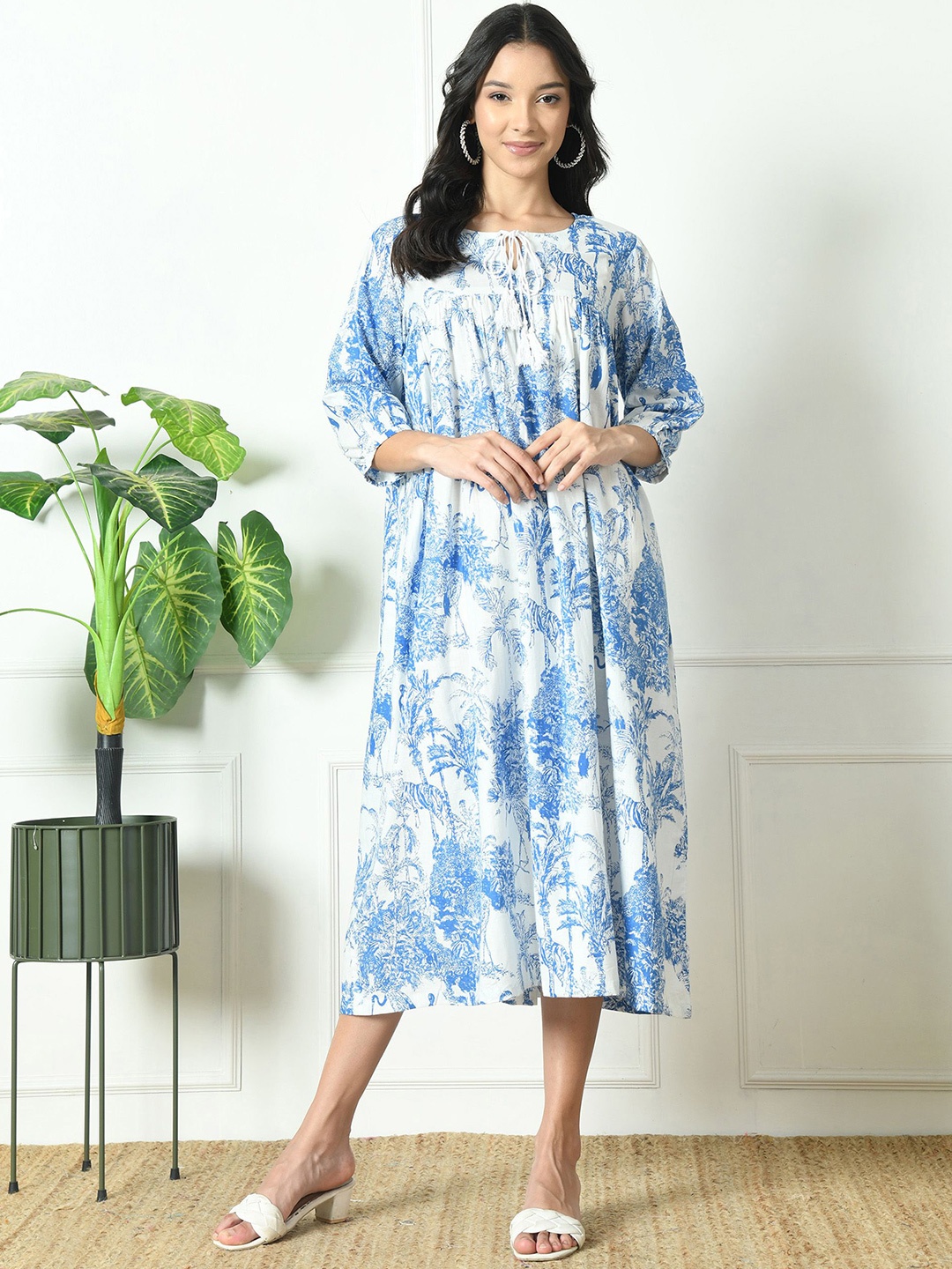 

Laado - Pamper Yourself Printed Cotton A-Line Midi Dress, Blue