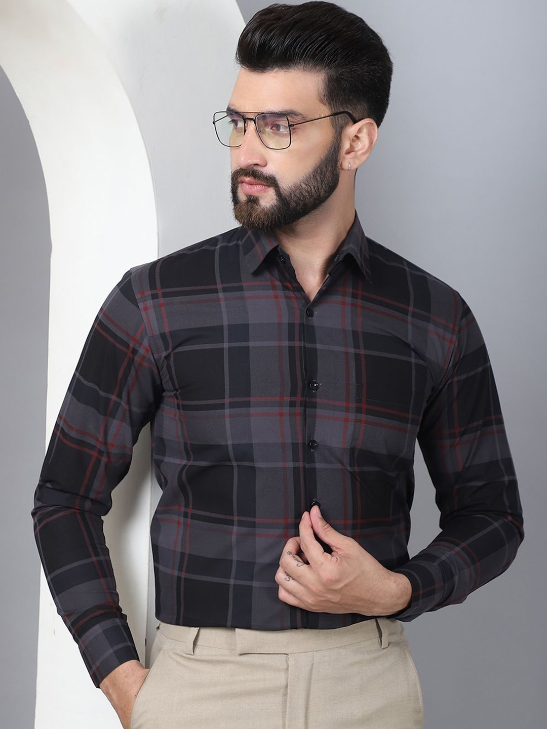 

Indian Needle Men Classic Tartan Checks Opaque Checked Formal Shirt, Black