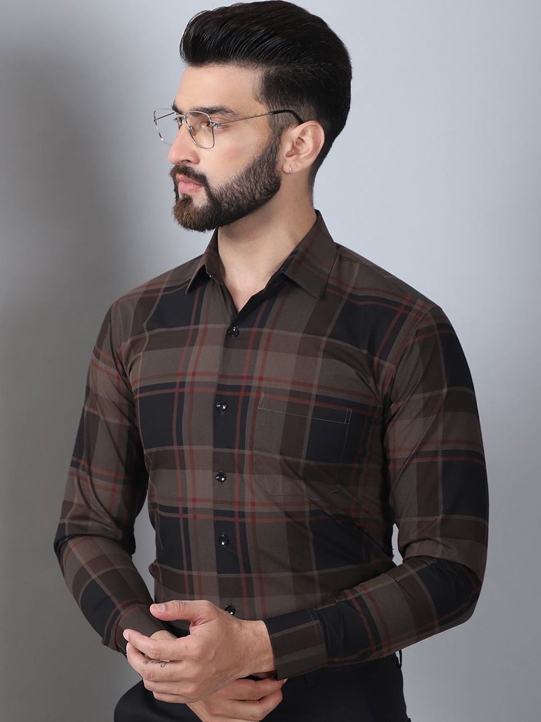 

Indian Needle Men Checked Cotton Classic Opaque Formal Shirt, Coffee brown