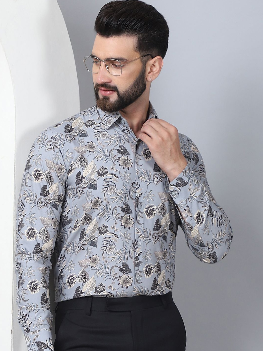 Indian Needle Men Classic Floral Opaque Printed Formal Shirt, Grey