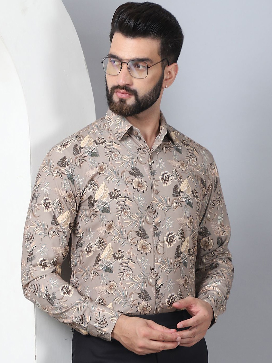 Indian Needle Men Classic Floral Opaque Printed Formal Shirt, Brown