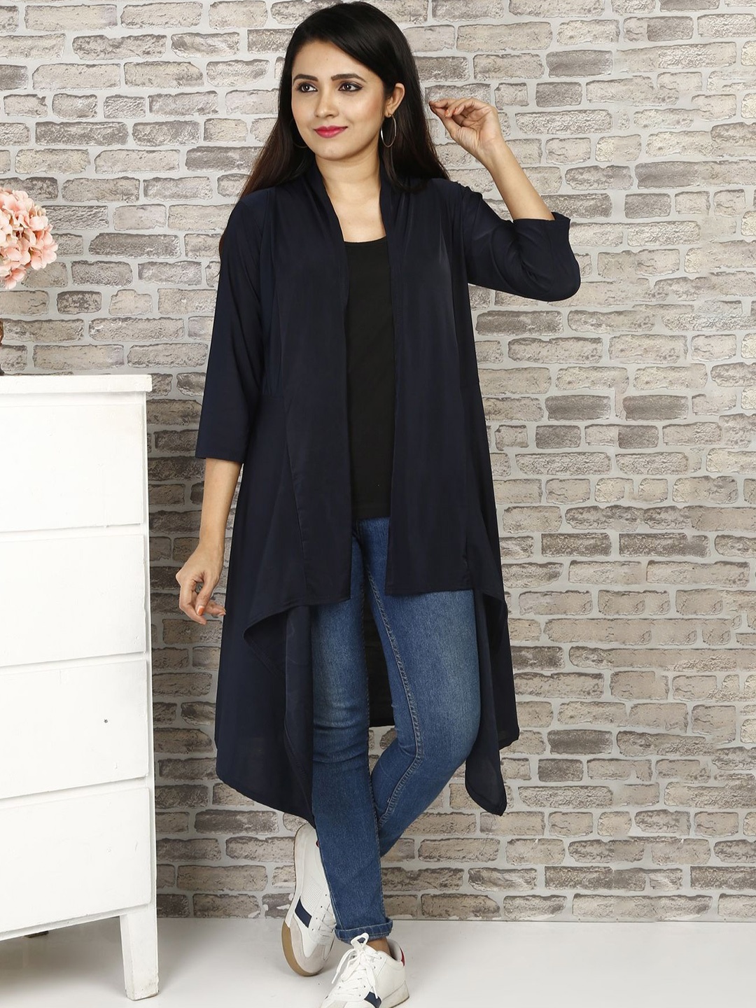 

BUY NEW TREND V-Neck Longline Open Front Shrug, Navy blue