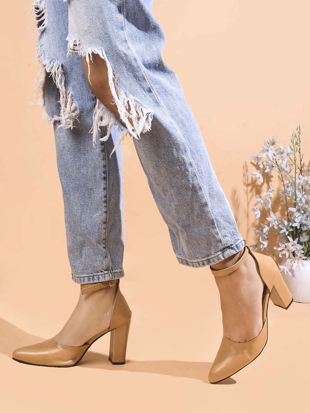 

JM Looks Women Pumps Block Heels with Buckles, Beige