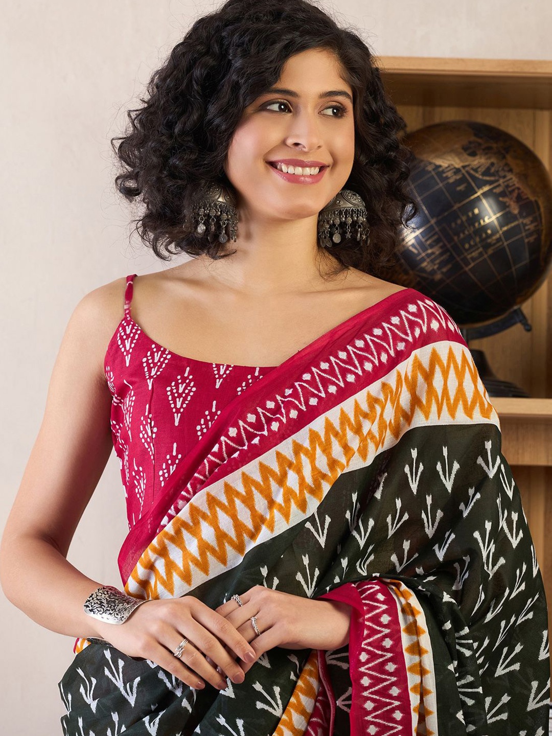 

Saree mall Ready To Wear Ikat Sarees with Blouse, Green