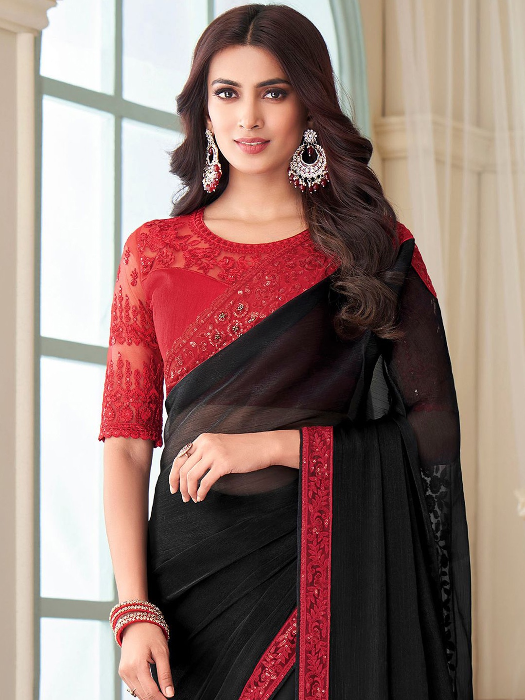 

Saree mall Embroidered Sequinned Sarees, Black