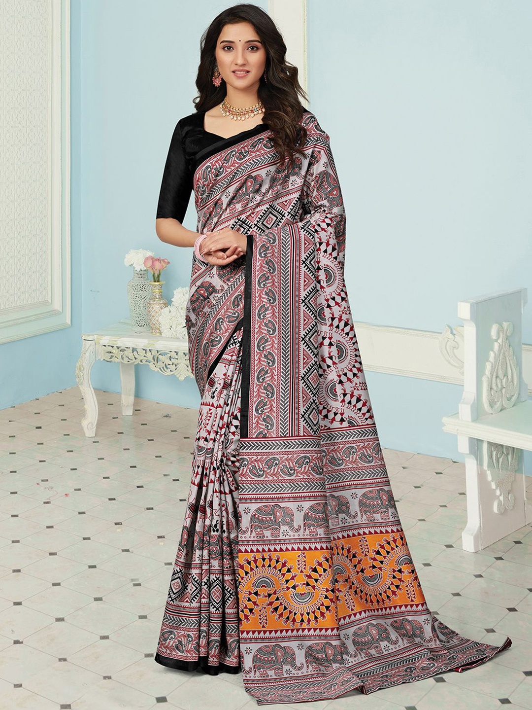 

Saree mall Warli Art Sambalpuri Sarees, Off white