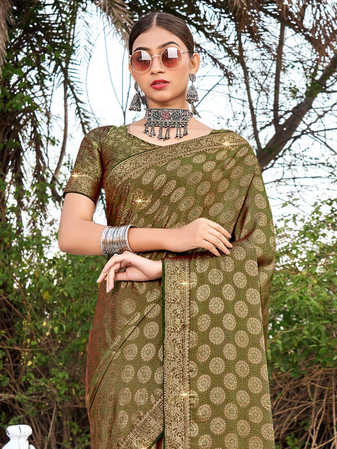 

Saree mall Ethnic Motifs Zari Pure Silk Banarasi Sarees, Olive