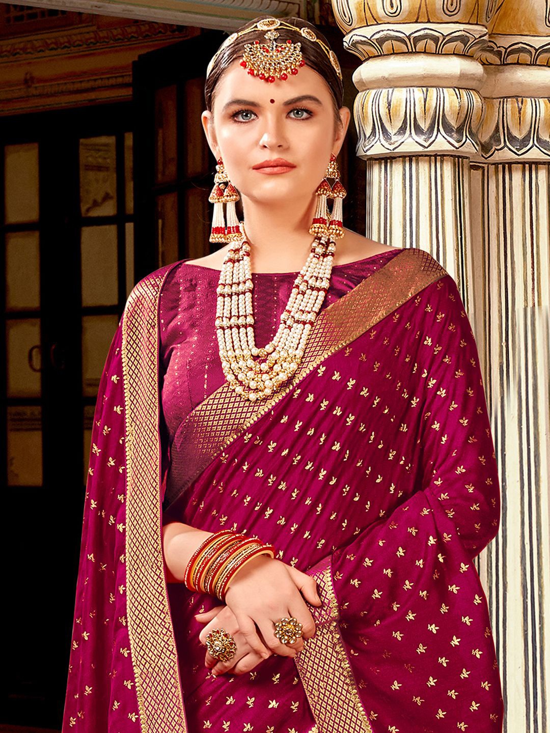 

Saree mall Woven Design Ethnic Motifs Zari Sarees, Magenta