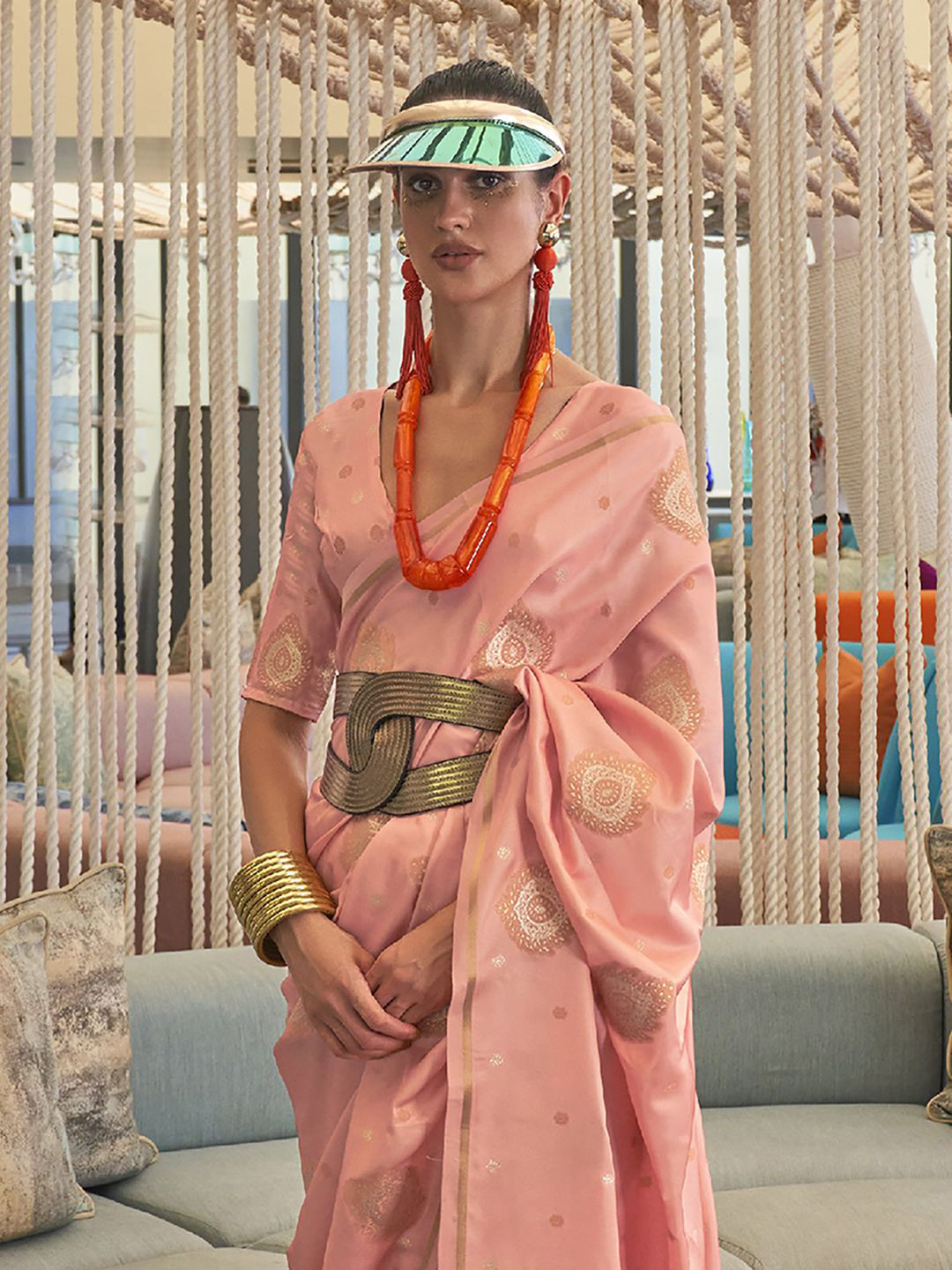 

Saree mall Ethnic Motif Zari Woven Silk Banarasi Sarees, Peach