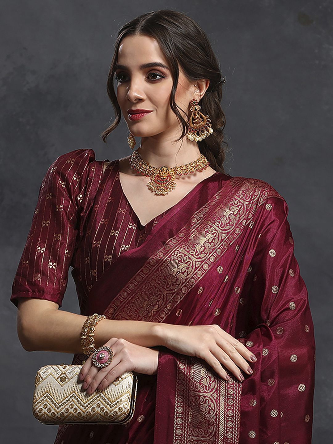 

Saree mall Ethnic Motifs Zari Ikat Sarees, Maroon