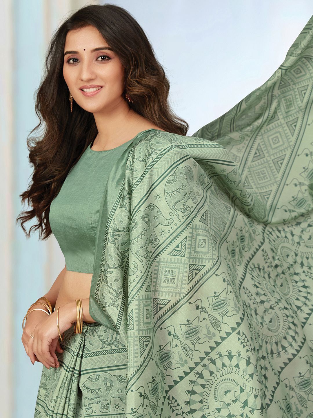 

Saree mall Ethnic Motifs Block Print Sarees, Sea green