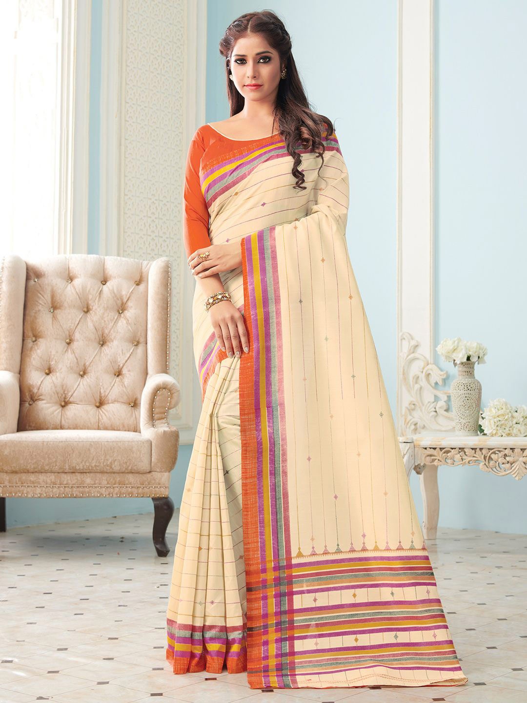 

Saree mall Striped Block Print Sarees, Beige