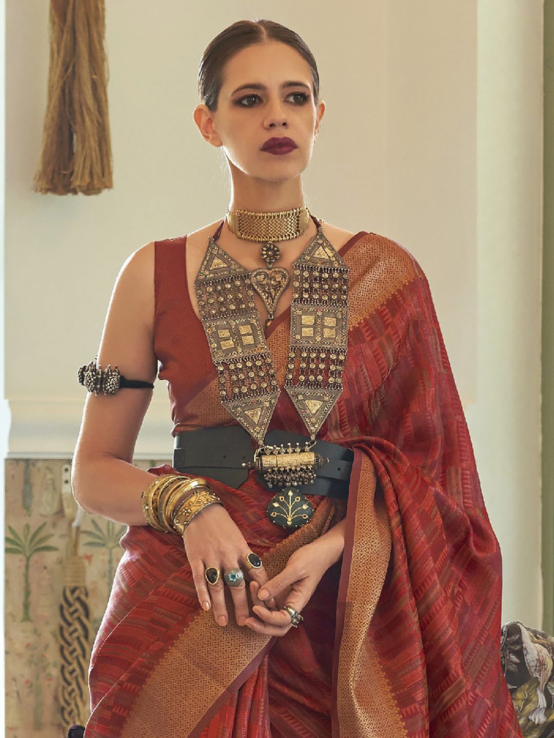 

Saree mall Woven Design Zari Organza Banarasi Sarees, Rust