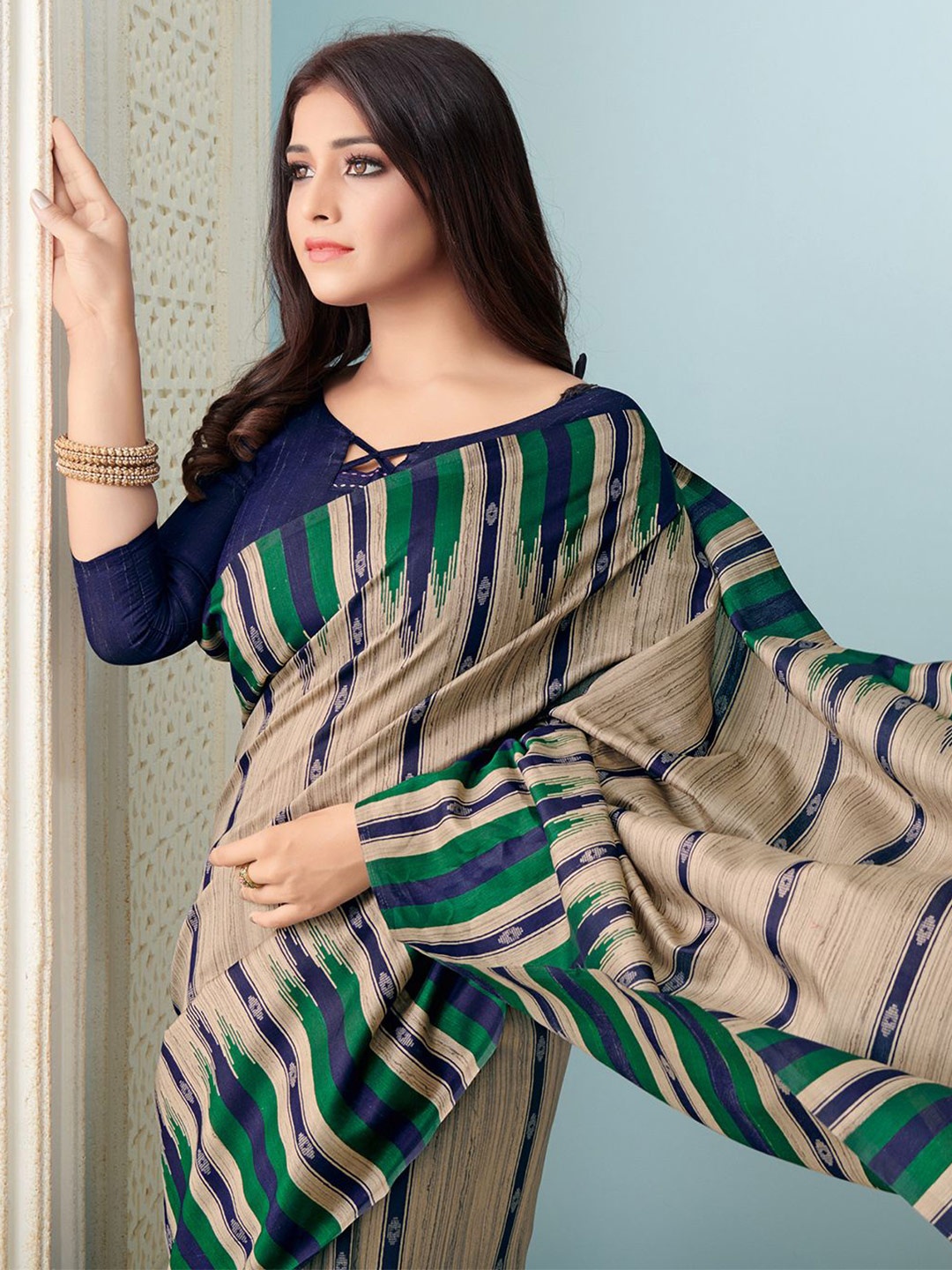 

Saree mall Striped Taant Sarees, Beige