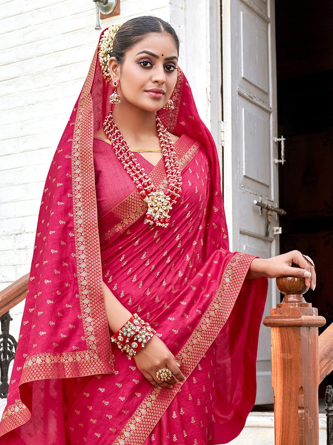 

Saree mall Woven Design Ethnic Motifs Zari Sarees, Pink