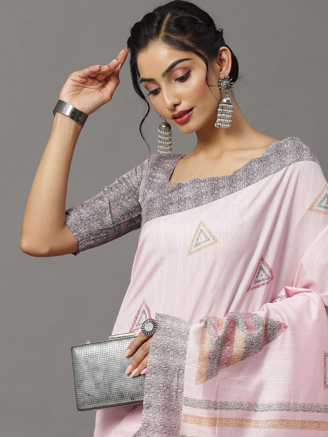 

Saree mall Ikat Geometric Sarees, Pink