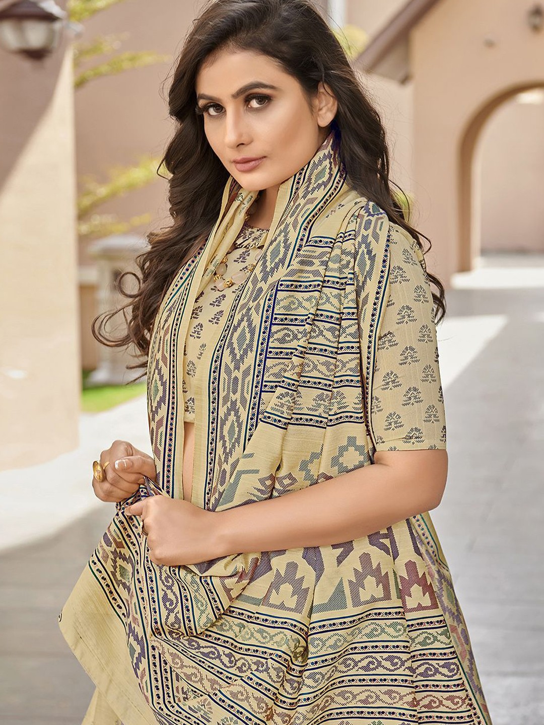 

Saree mall Ethnic Motifs Printed Ikat Sarees, Beige