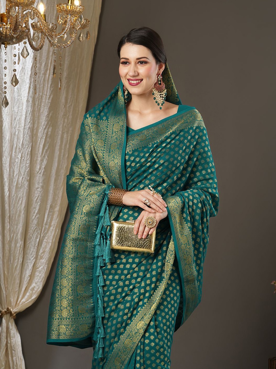 

Saree mall Woven Design Ethnic Motifs Zari Kanjeevaram Sarees, Teal