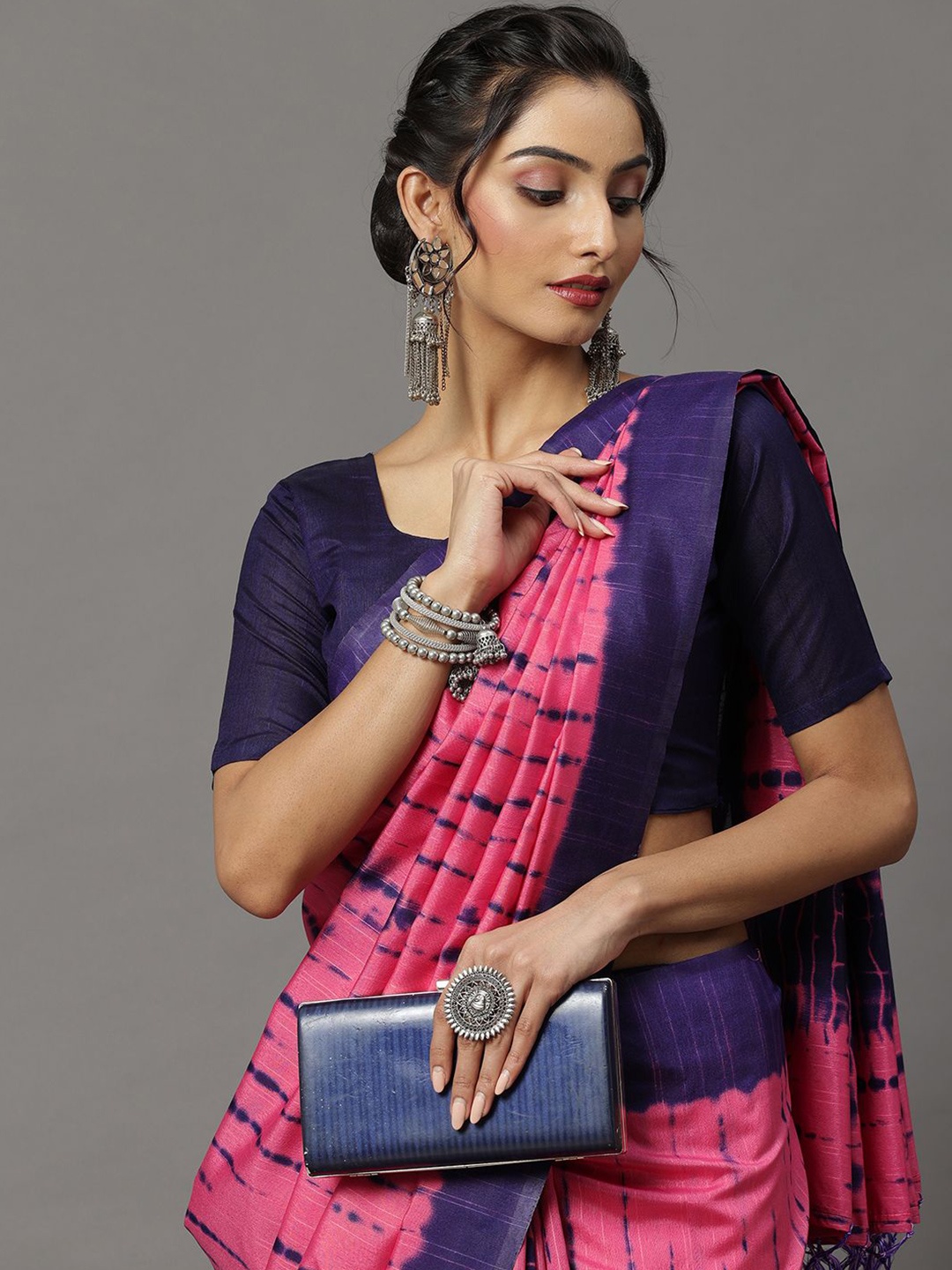 

Saree mall Tie and Dye Block Print Sarees, Pink
