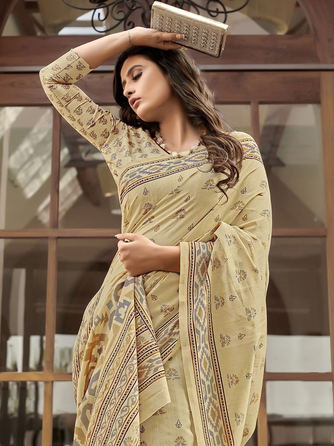

Saree mall Ethnic Motifs Printed Ikat Sarees, Beige