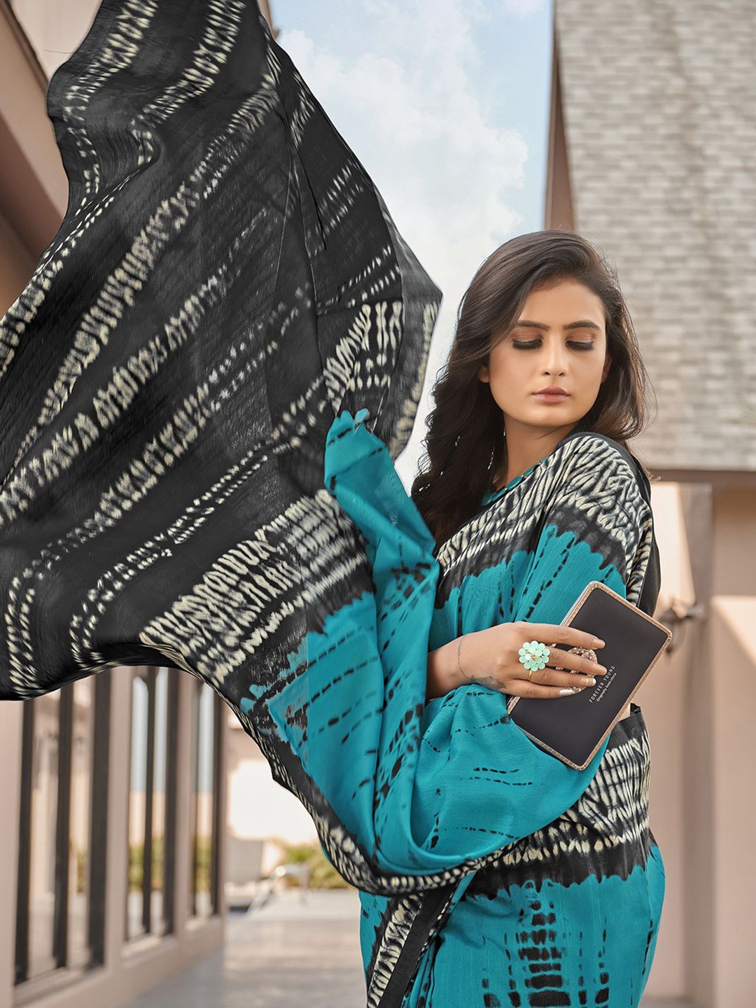 

Saree mall Tie and Dye Patchwork Block Print Sarees, Blue