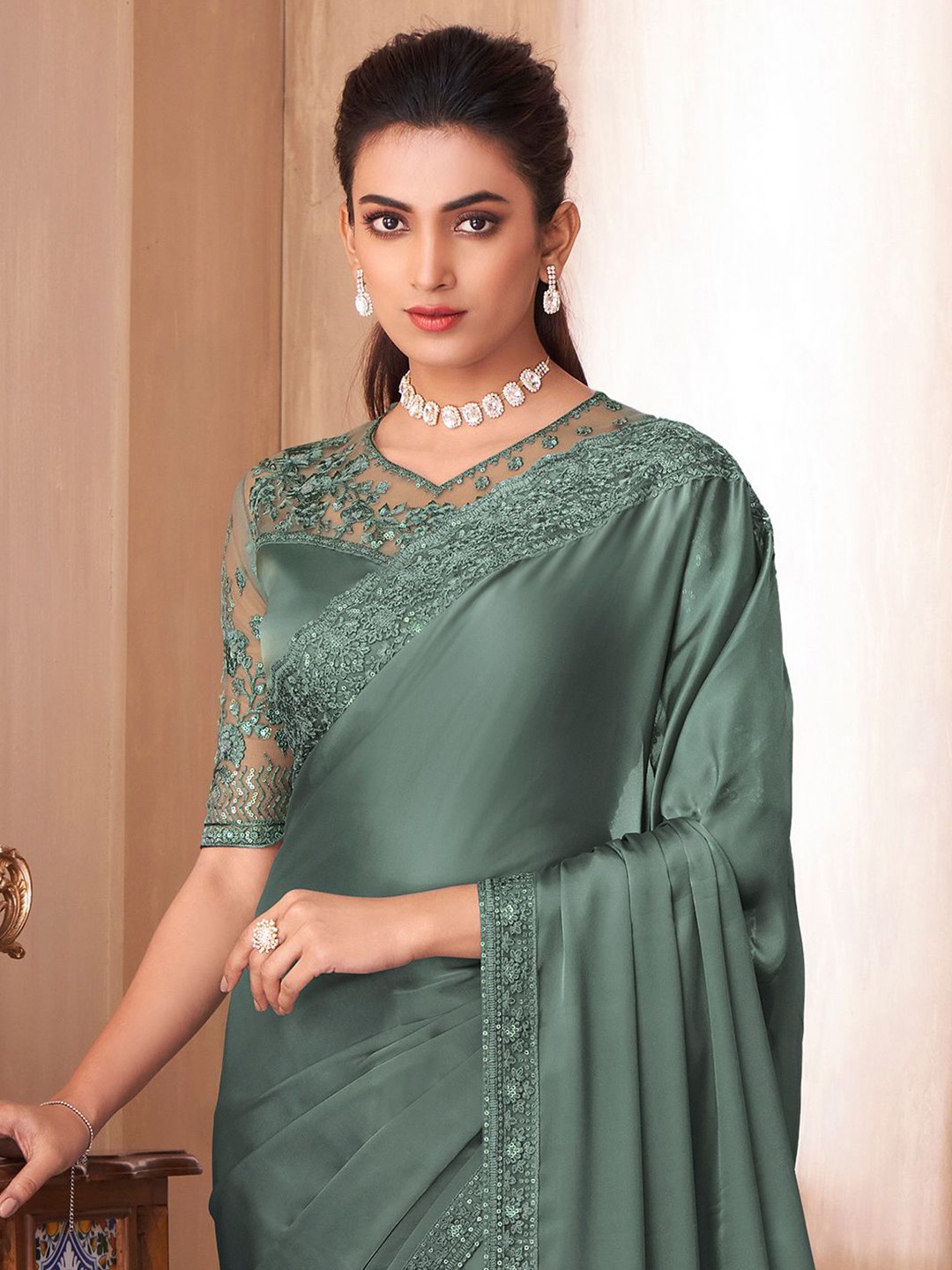 

Saree mall Sequinned Satin Sarees, Sea green