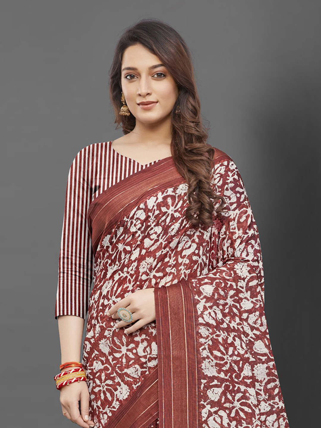 

Saree mall Ethnic Motif Block Print Zari Woven Sarees, Brown