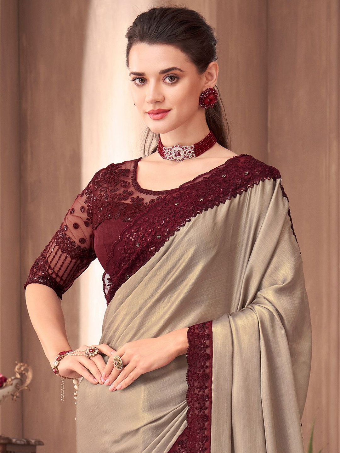 

Saree mall Sequinned Poly Georgette Sarees with Sequinned Blouse, Beige