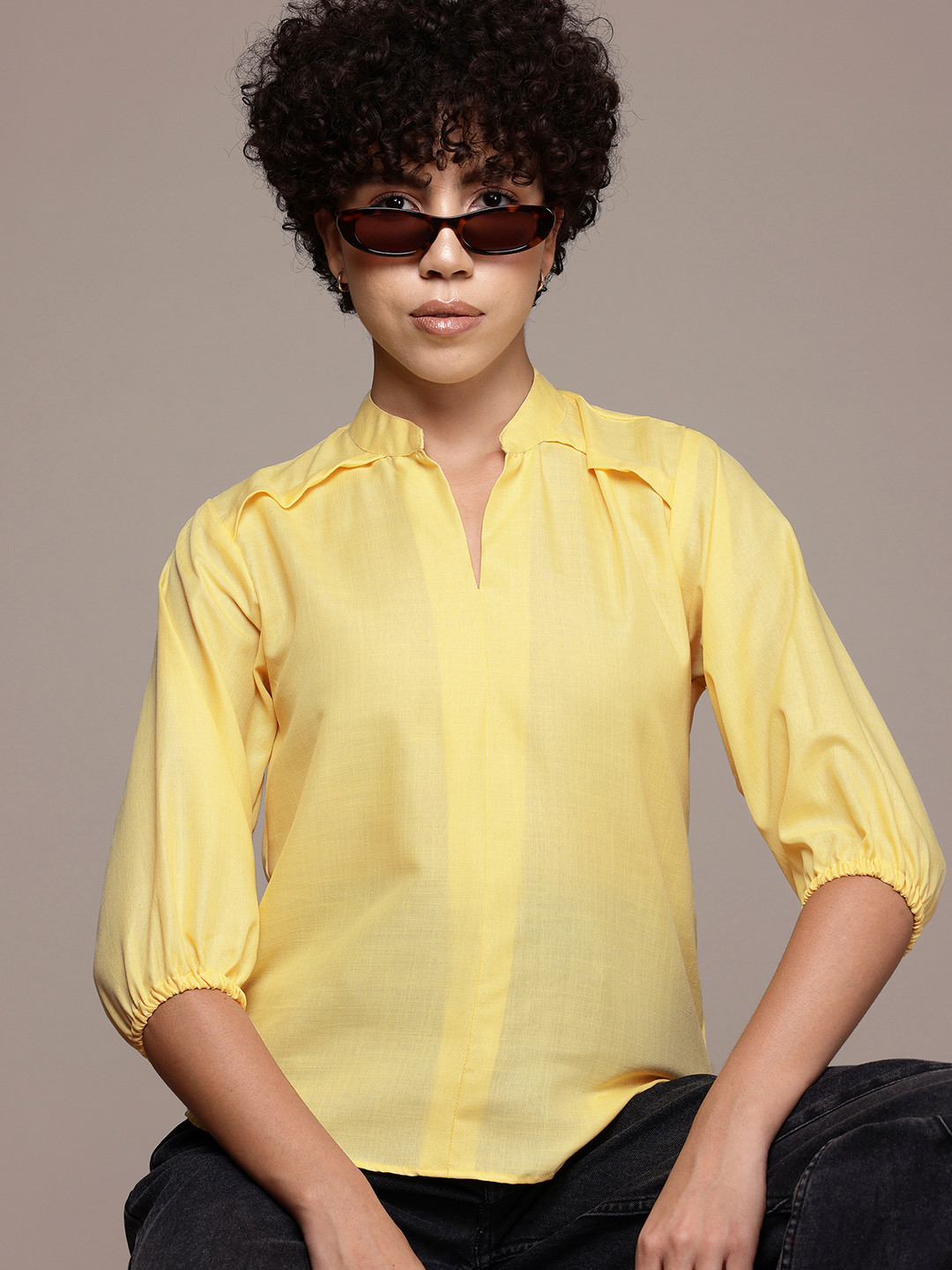 

Roadster Classic Mandarin Collar Puff Sleeves Casual Shirt, Yellow
