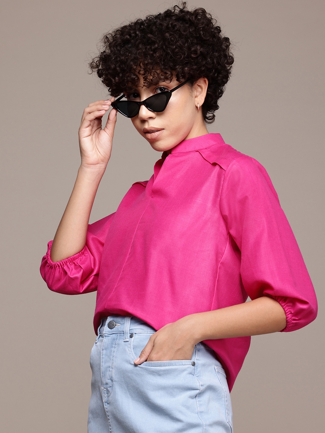 

Roadster Classic Mandarin Collar Puff Sleeves Casual Shirt, Fuchsia