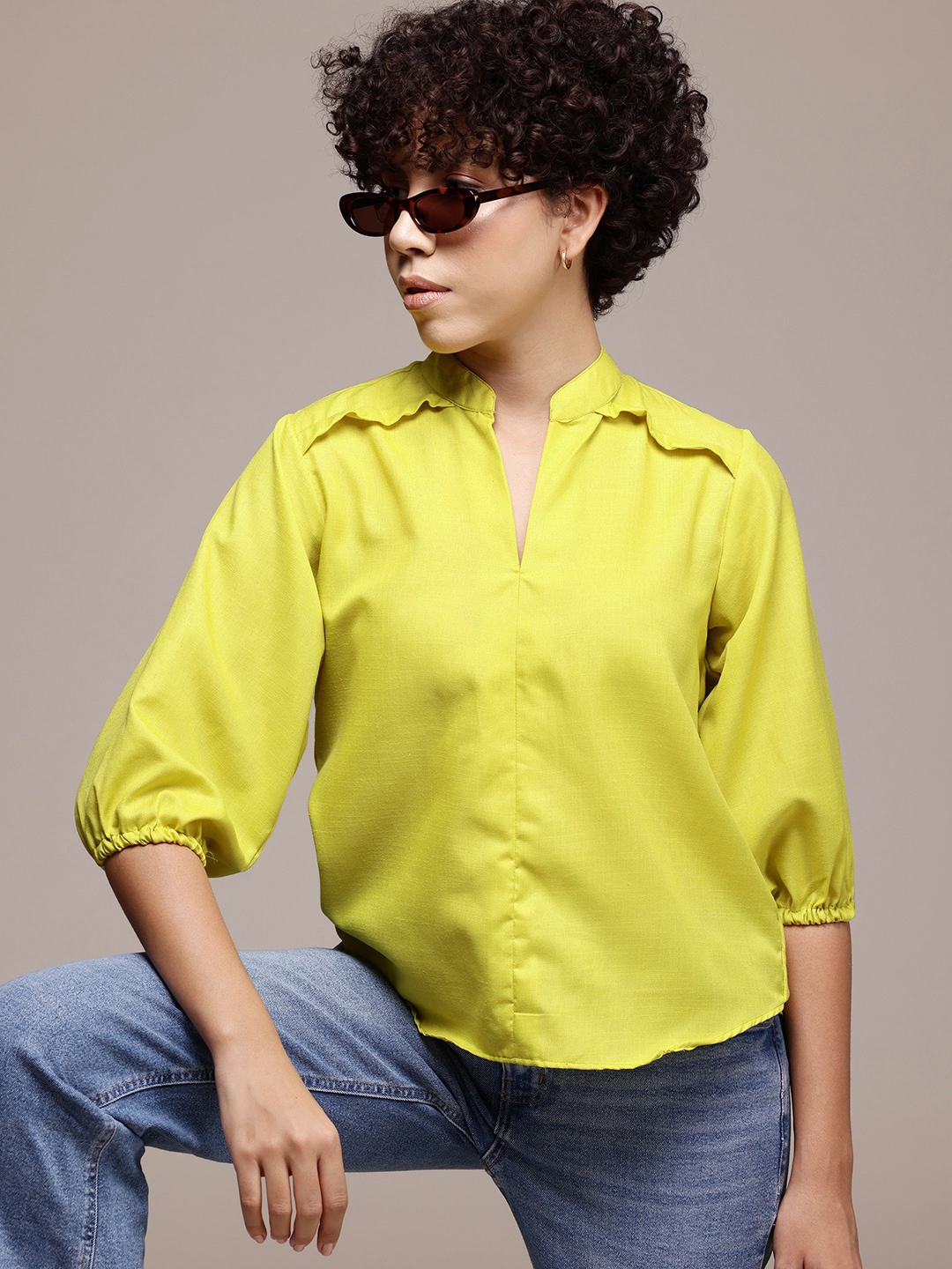 

Roadster Classic Mandarin Collar Puff Sleeves Casual Shirt, Green