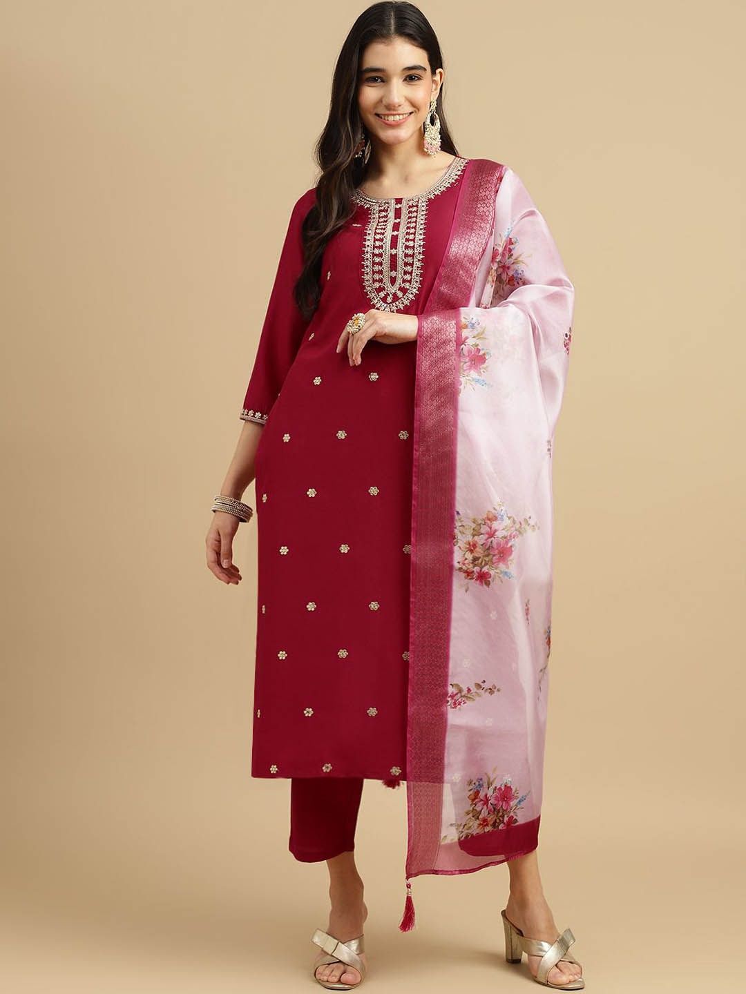 

BAESD Floral Embroidered Regular Sequinned Straight Kurta with Trousers & With Dupatta, Pink