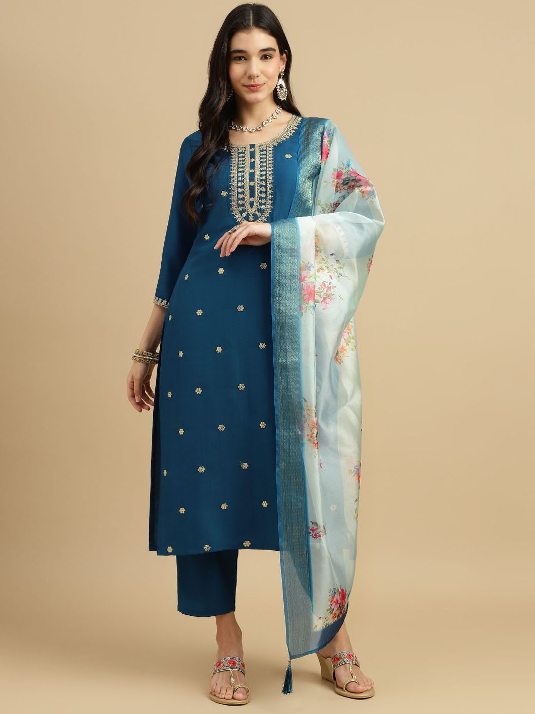 

BAESD Floral Embroidered Regular Sequinned Straight Kurta with Trousers & With Dupatta, Blue