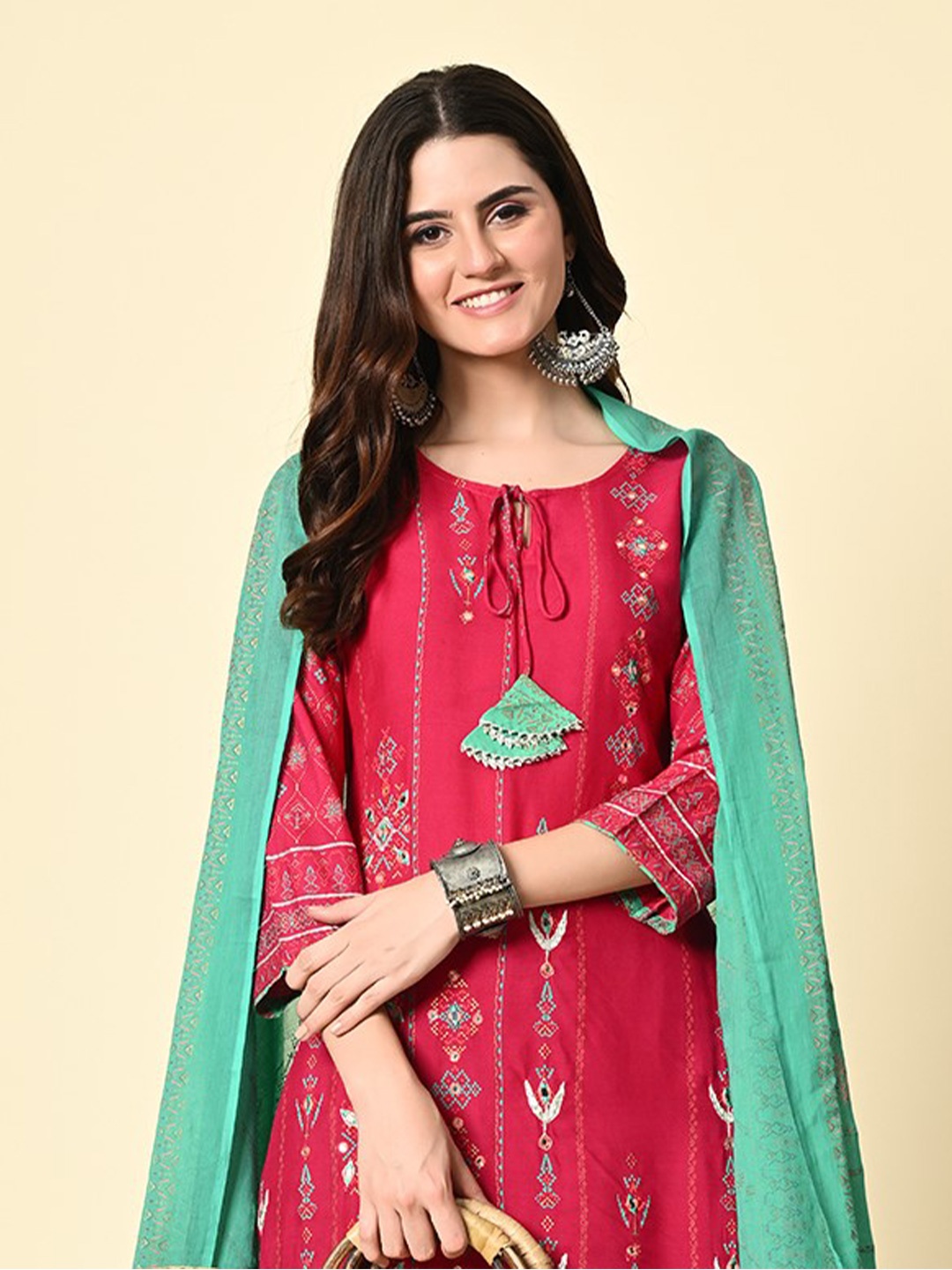 

DOISA Ethnic Motifs Printed Mirror Work Straight Kurta With Trousers & Dupatta, Pink