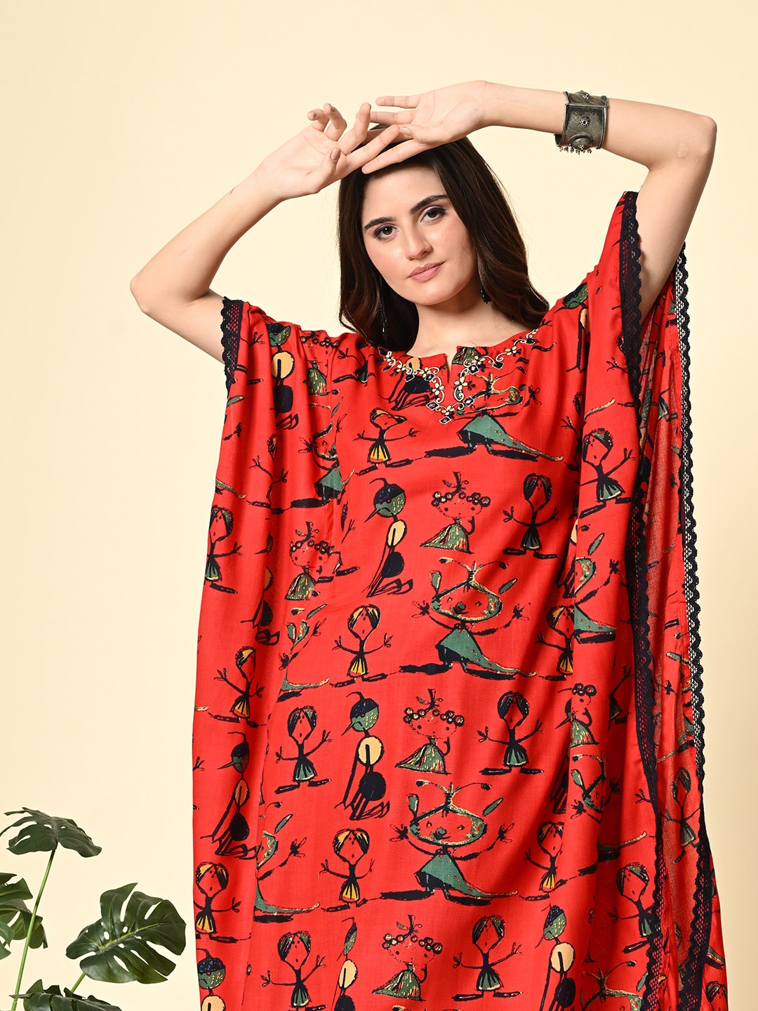 

DOISA Abstract Printed Kaftan Kurta With Trouser, Red