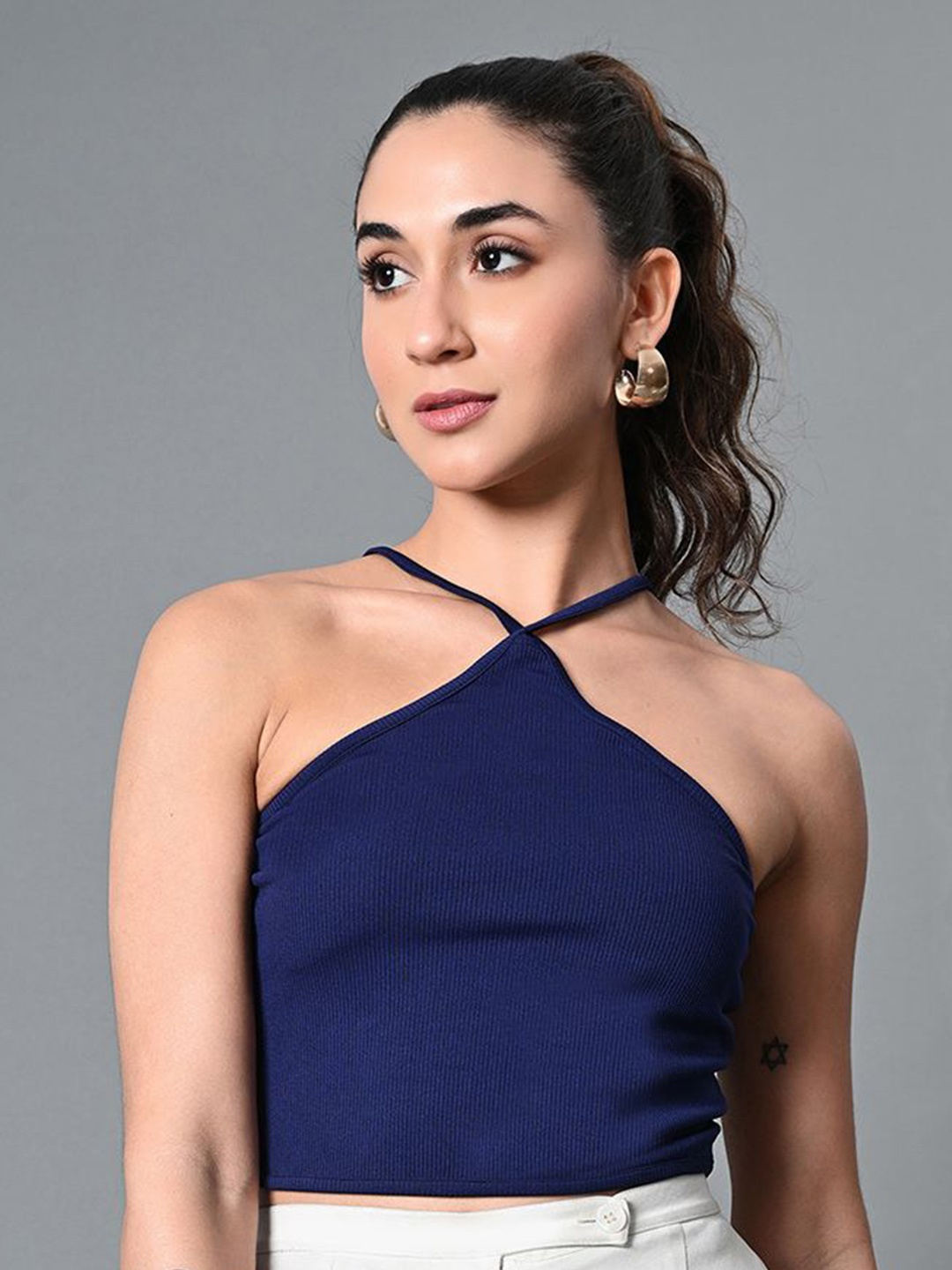 The Roadster Life Co. Women Solid Halter Neck Top, Navy blue
