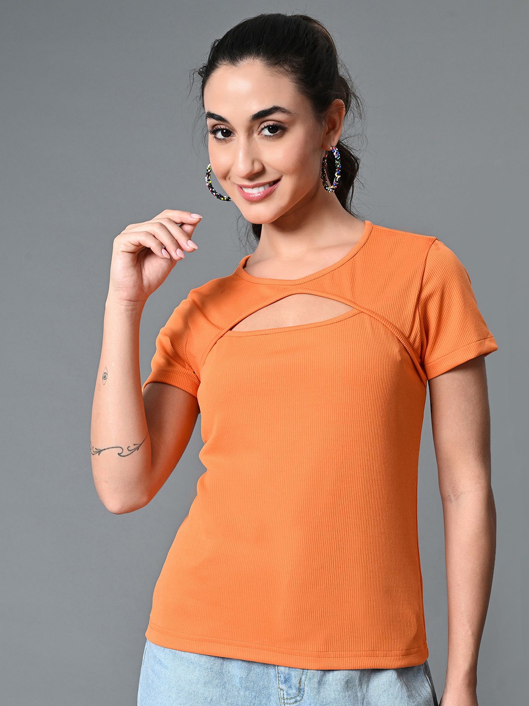 The Roadster Life Co. Women Solid Round Neck Top, Orange