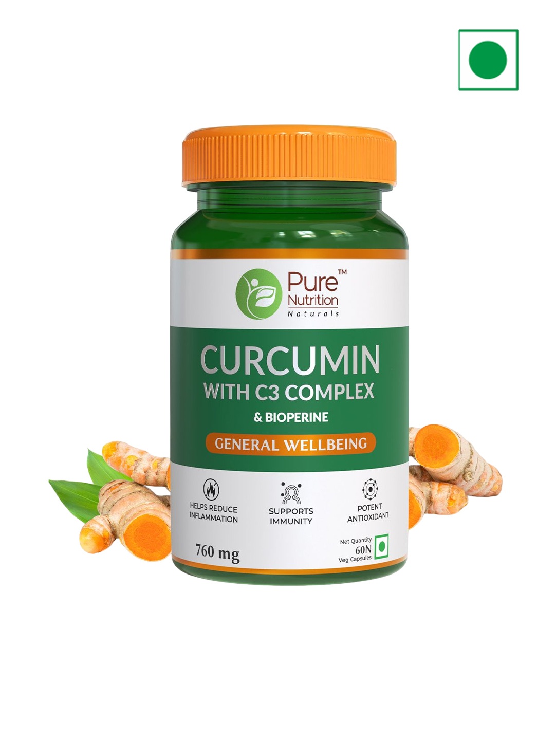 

Pure Nutrition Curcumin With C3 Complex & Bioperine Supplements - 60 Capsules, Green