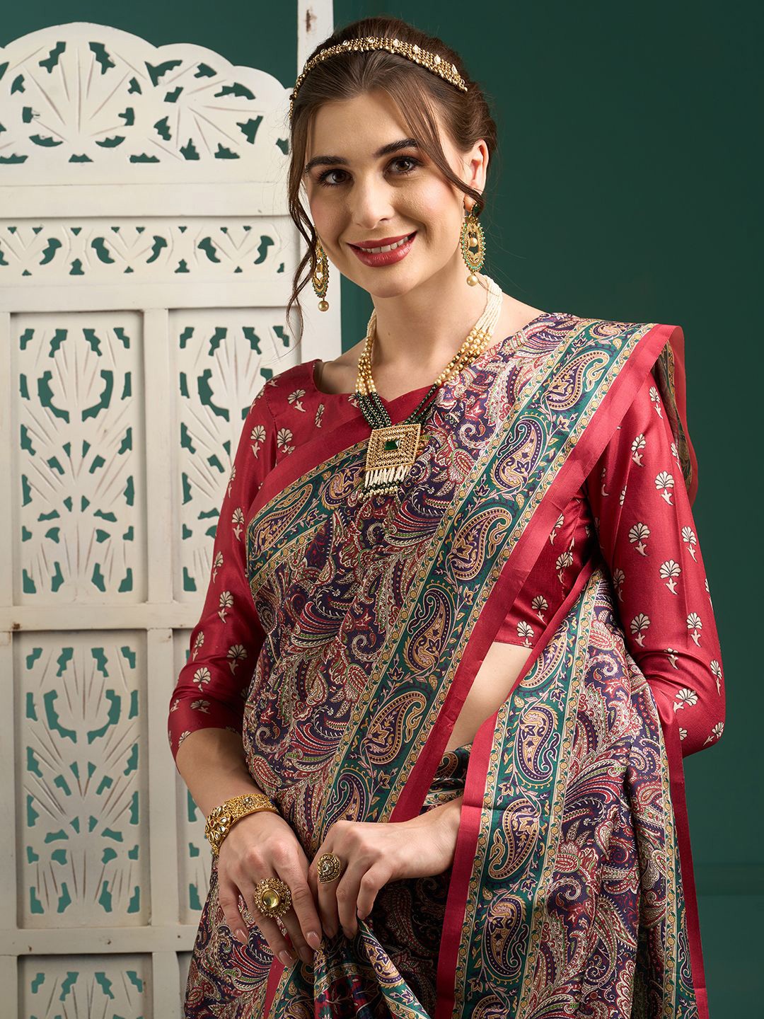 

Saree mall Paisley Block Print Sarees, Navy blue