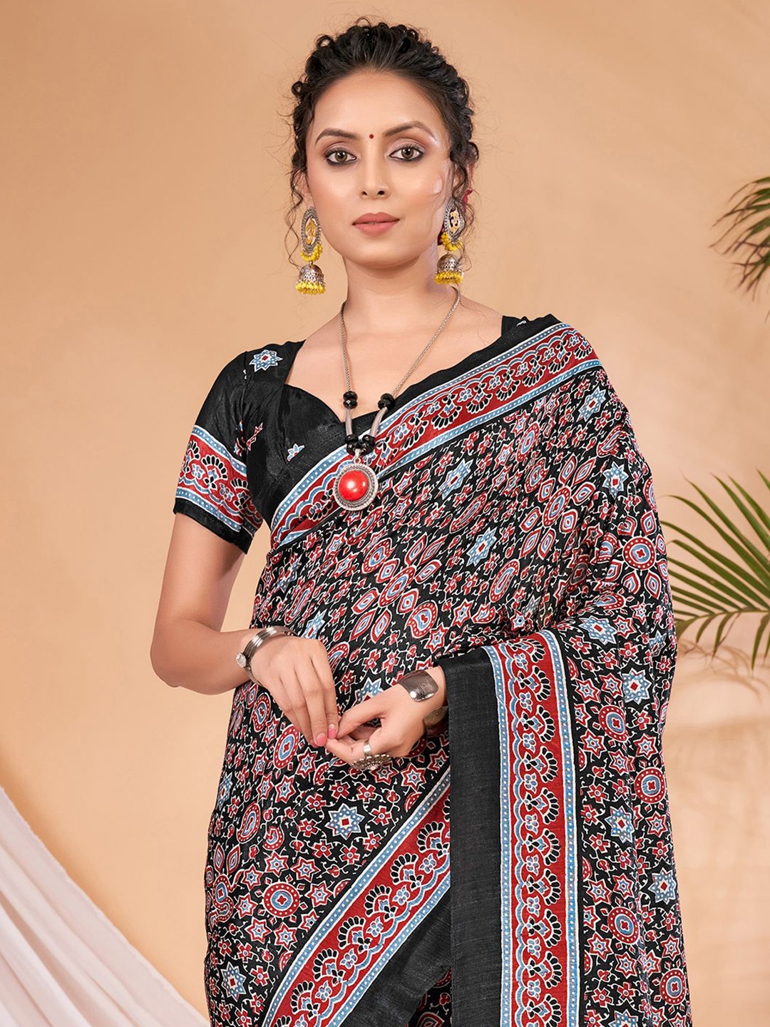 

Saree mall Ajrak Block Print Sarees, Black