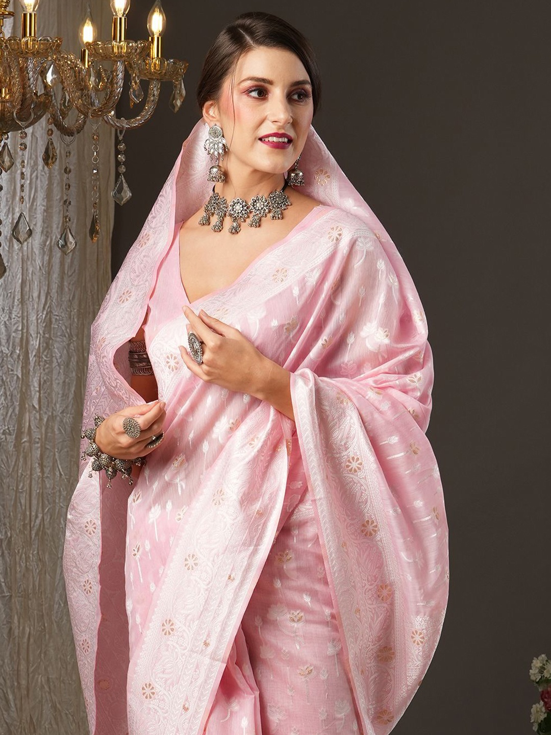 

Saree mall Ethnic Motif Zari Woven Muga Sarees, Pink