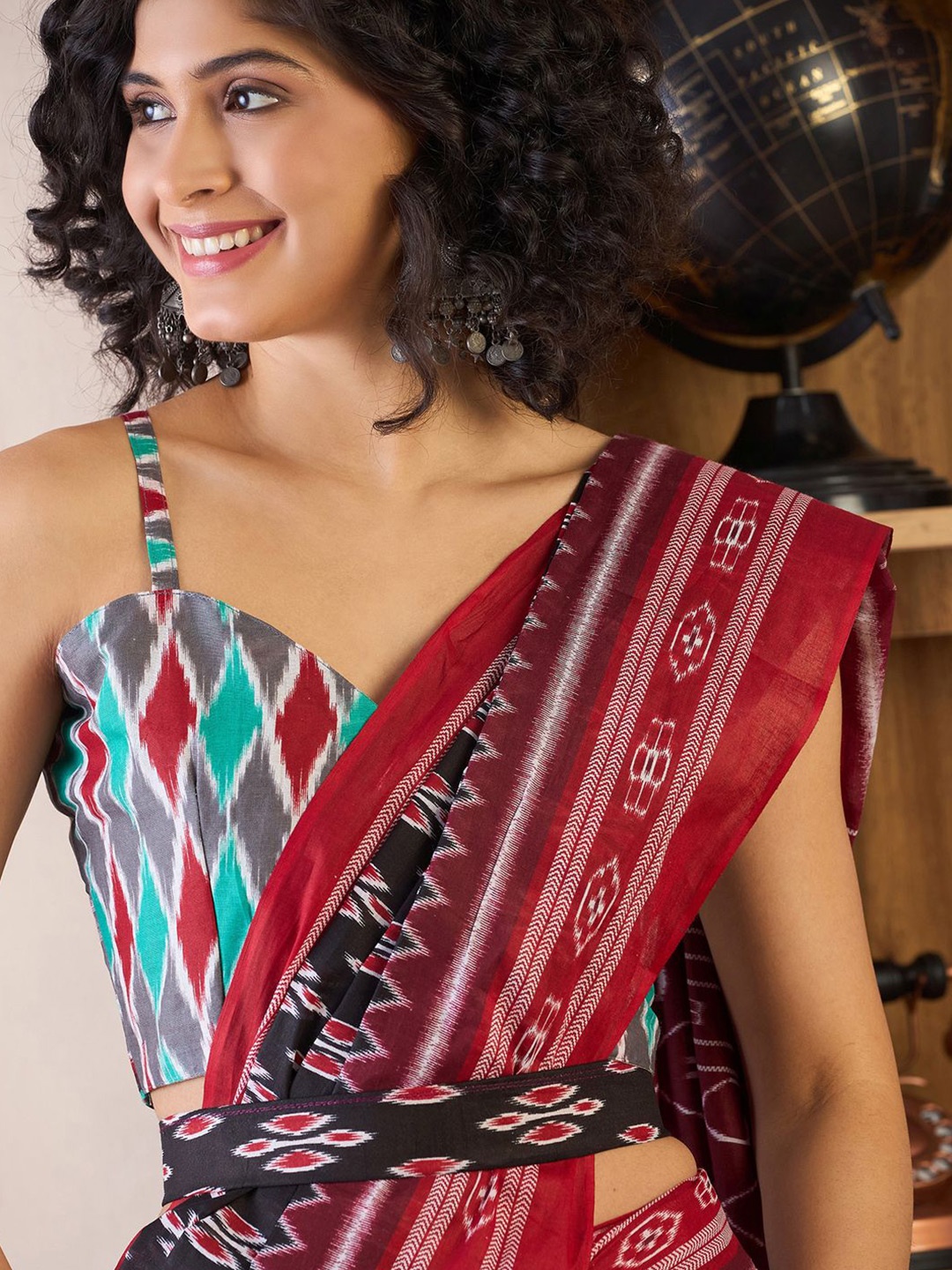 

Saree mall Ready To Wear Ethnic Motifs Ikat Sarees, Black