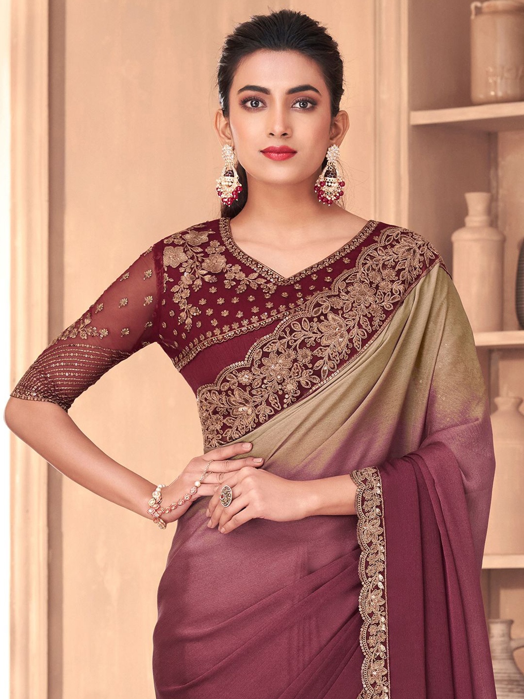 

Saree mall Embroidered Sequinned Poly Georgette Celebrity Saree, Magenta