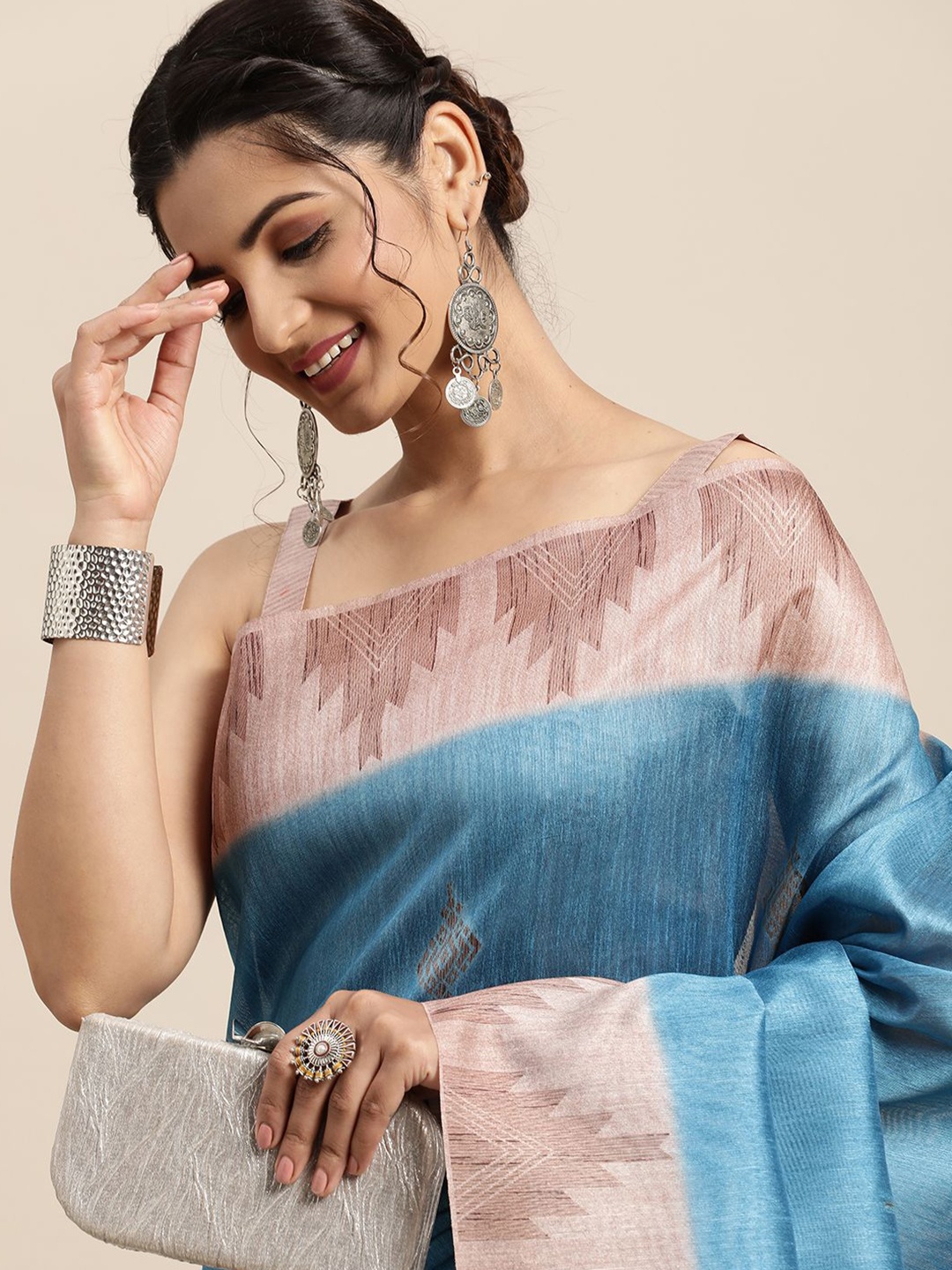 

Saree mall Ethnic Motif Printed Tassel Sarees with Blouse, Blue