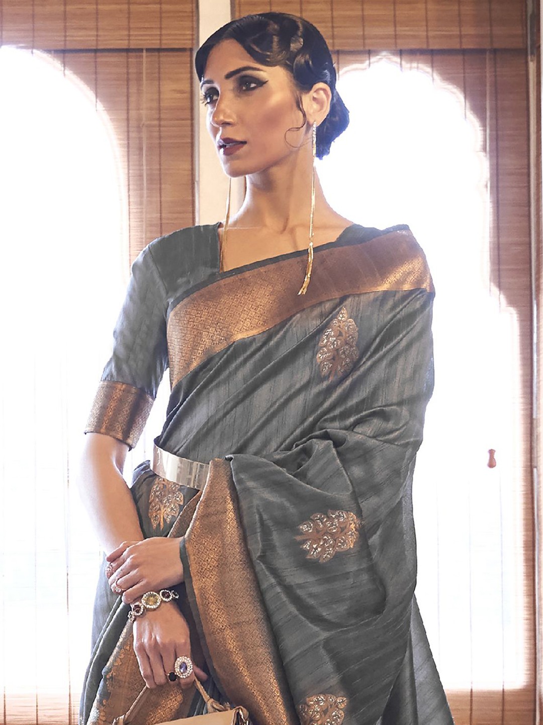 

Saree mall Woven Design Zari Banarasi Sarees, Grey