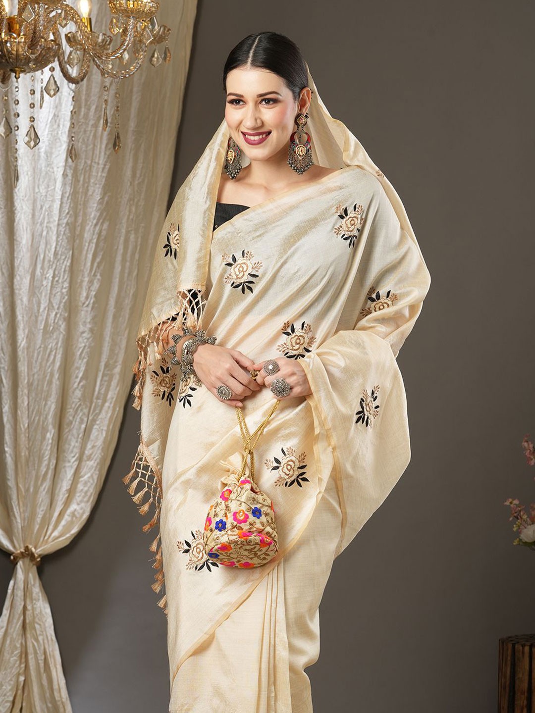 

Saree mall Floral Banarasi Sarees, Cream